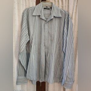 M74 INIZIO Men's Blue Stripe Button-Up Long Sleeved Dress Shirt